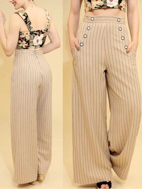 Hell Bunny 30s 40s Caspian Beige Stripe Swing Sailor Trousers Retro Pinup